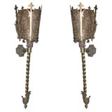 Antique Extra Large Bronze Sconces with Open Work Mica Shades