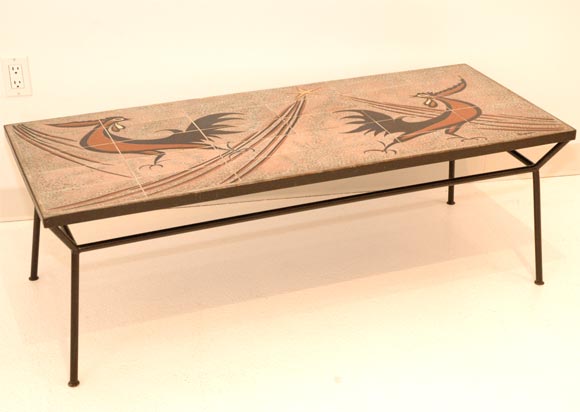 A Wrought-Iron Table with decorated Tile Top signed Byron