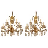 Vintage Pair of Rococo Style Gilt Metal and Crystal 5 Light Wall Sconces