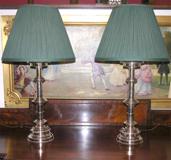 Pair of Silverplate Gothick Motif Candlesticks Wired as Lamps