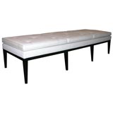 Large Tufted Linen Bench with Black Lacquered Wood Base