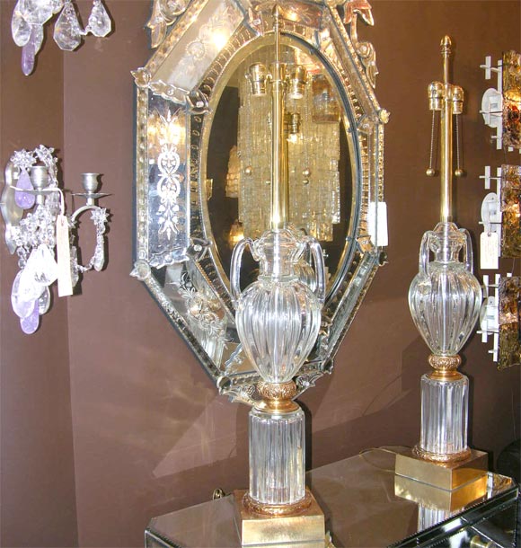 Italian Pair of Crystal Urn Lamps