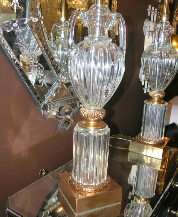 20th Century Pair of Crystal Urn Lamps