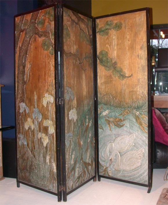 Three panel Screen with Asian Inspired Imagery, Including Japanese Pine with Iris and Swans in Pond.  Carved and painted.  Screen is Pictorially One-Sided.