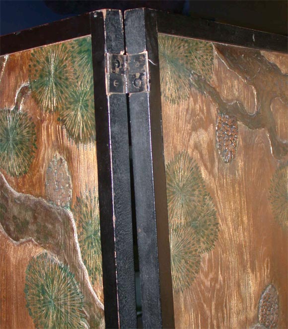 Wood Three panel Screen with Asian Motif For Sale