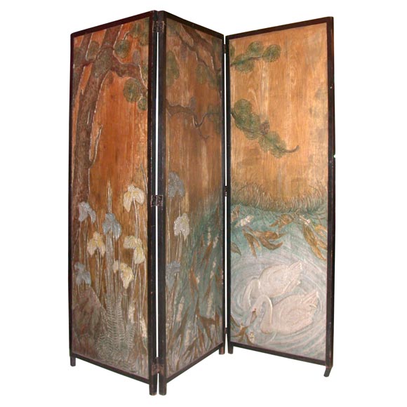 Three panel Screen with Asian Motif For Sale
