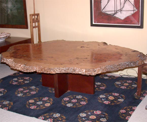 Massive Amboyna Burl Wood Table Top with Solid Mahagony Base.