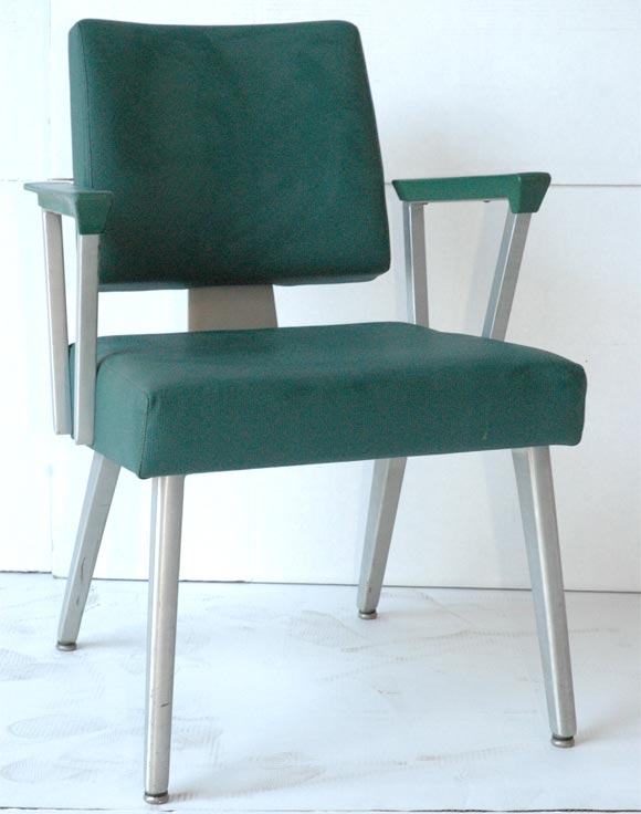 Pair of modern aluminum and green vinyl upholstered office chairs.  Manufactured by the General Fireproofing Company, Youngstown, Ohio.