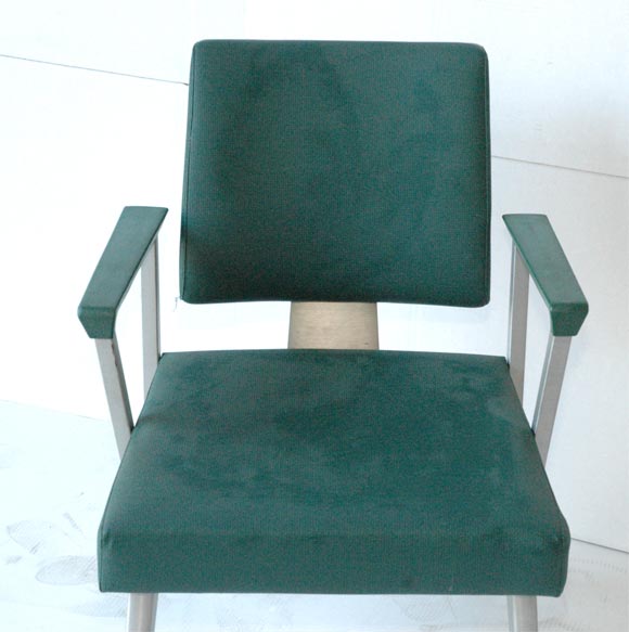 Brushed PAIR of Aluminum Chairs with Original Vinyl Upholstery For Sale