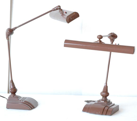 Pair adjustable drafting table or work desk lamps with swing arms. Original fluorescent bulb fittings.  Bases have stepped Art Deco style detailing.  Original wiring.