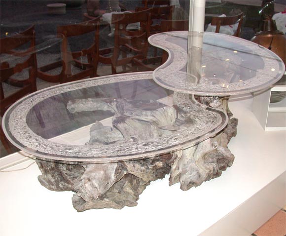 REDWOOD AND LUCITE COFFEE TABLE
