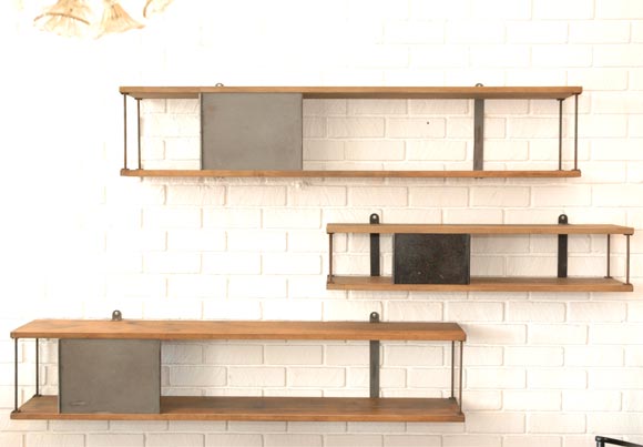 Industrial wood and iron 3-tier bookcase in the style of Jean Prouve.