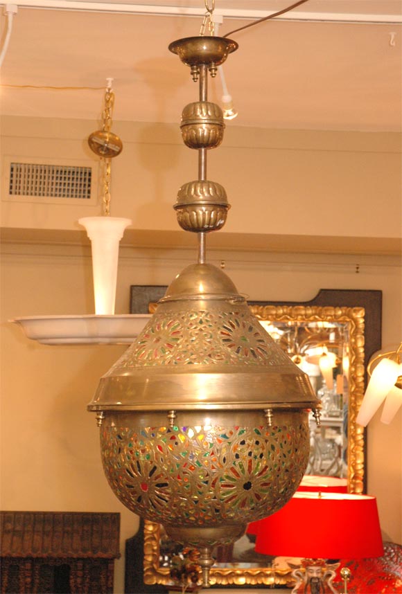Pair of Large Moroccan Brass and Glass Lanterns