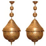 Vintage Pair of Large Moroccan Brass and Glass Lanterns