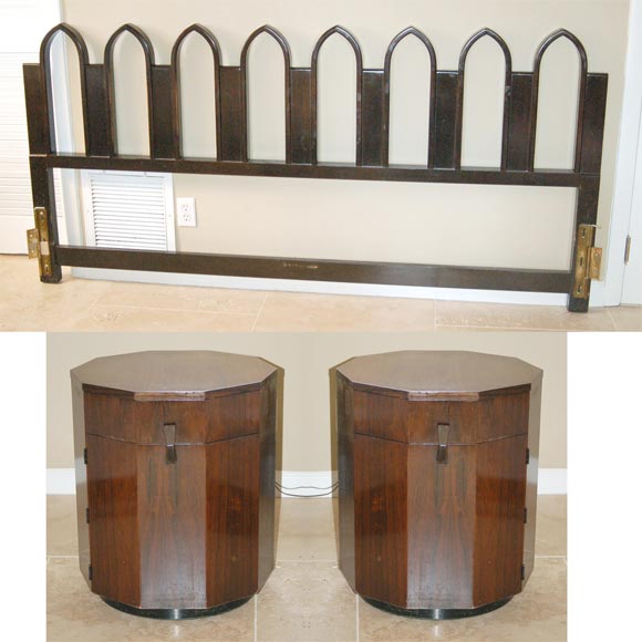 Harvey Probber pair of decagonal (10 sided) nightstands and king headboard.  Each nightstand has one drawer and one door with a single shelf inside.  Dimensions of nightstands: 20