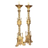 Antique Pair of Tall Brass Gothic-Style Candleholders