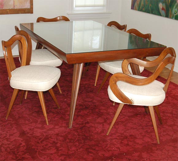 Description: Fine & rare Vladimir Kagan dining set, 2 arm chairs, 4 side chairs. This dining table and 