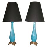 Pair of French Ceramic Turquoise Lamps