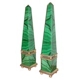 Pair of Bronze & Faux Painted Malachite Obelisks