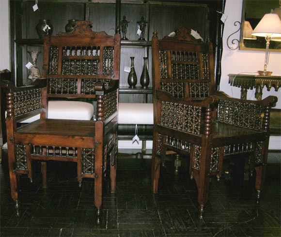 Pair of late 19th Century French Colonial exotic wood armchairs