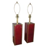 pair of leather table lamps with brass studs