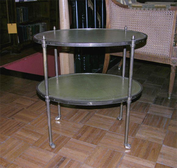 Regency style two tier brass end table with green leather top