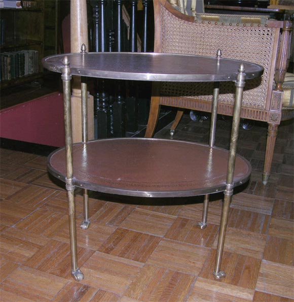 Regency Style Two Tier Brass End Table With Brown Tooled Leather