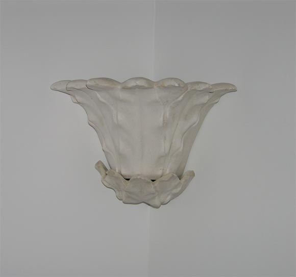 Plaster leaf design corner wall sconce.  Unwired.  Pair available, priced individually.