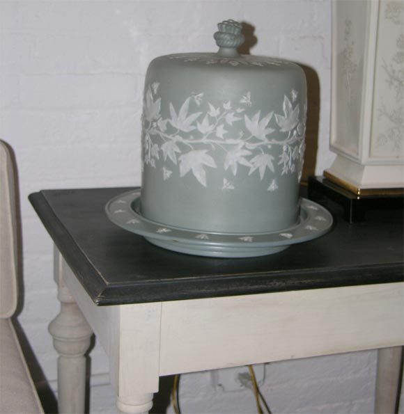Gray/pale blue Jasperware Stilton cheese dome, c. 1880. Dome and plate have raised white detail of maple leaves and bees.