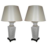 Pair of Ivory Porcelain Table Lamps with Silk Shades