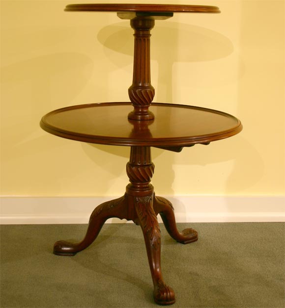 A mahogany dumbwaiter of fine proportion, resting on beautifully carved cabriole legs with foliate carving on both the knees and feet. <br />
<br />
The two graduated serving tables are made from fine mahogany with a nice mellowed color, and edged