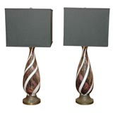 Pair of purple and white Murano glass table lamps