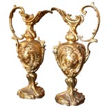 Antique Large Pair of French Louis XV style Gilt Bronze Ewers