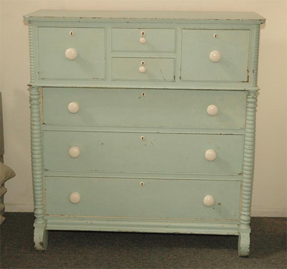 19THC ORIGINAL POWDER BLUE BONNET CHEST FROM MAINE