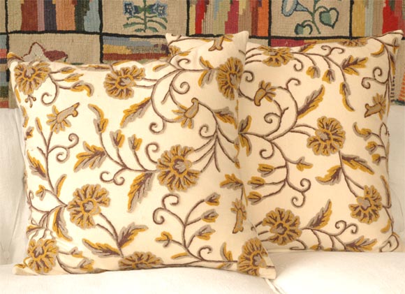 BEAUTIFUL BROWN AND MUSTARD CREWEL FABRIC WITH HOMSPUN LINEN BACKING PILLOWS,DOWN AND FEATHER INSERTS.SOLD AT 295. EACH.