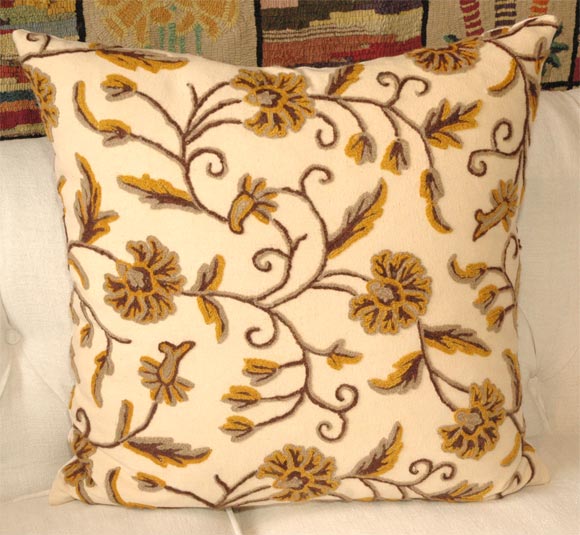 Mid-20th Century 1940S MUSTARD & BROWN CREWEL WORK PILLOWS WITH LINEN BACKING