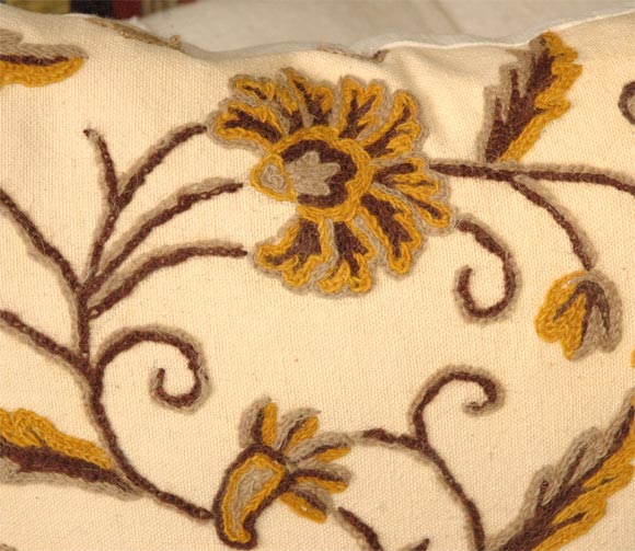 1940S MUSTARD & BROWN CREWEL WORK PILLOWS WITH LINEN BACKING 1