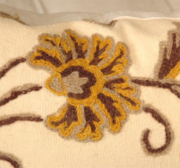 1940S MUSTARD & BROWN CREWEL WORK PILLOWS WITH LINEN BACKING 2