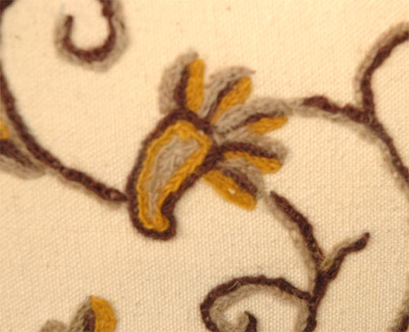 1940S MUSTARD & BROWN CREWEL WORK PILLOWS WITH LINEN BACKING 3