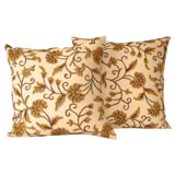1940S MUSTARD & BROWN CREWEL WORK PILLOWS WITH LINEN BACKING