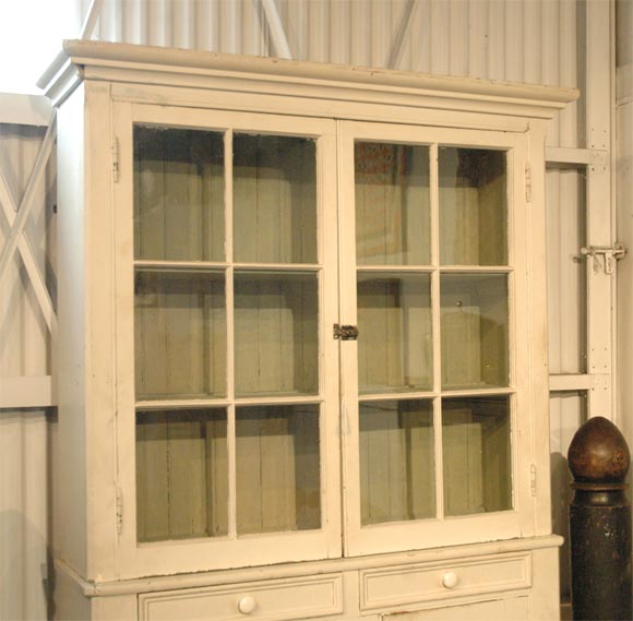 American 19THC ORIGINAL WHITE PAINTED STEPBACK CUPBOARD FROM NEW ENGLAND