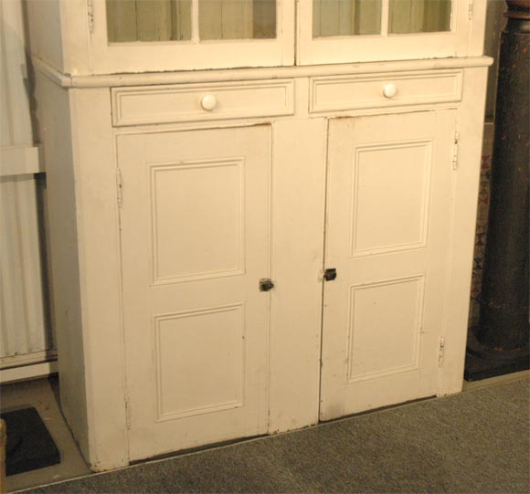 19th Century 19THC ORIGINAL WHITE PAINTED STEPBACK CUPBOARD FROM NEW ENGLAND