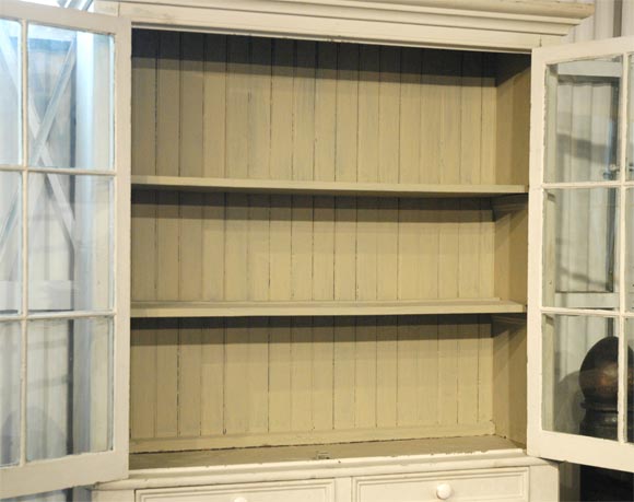 19THC ORIGINAL WHITE PAINTED STEPBACK CUPBOARD FROM NEW ENGLAND 1