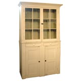 19THC ORIGINAL WHITE PAINTED STEPBACK CUPBOARD FROM NEW ENGLAND
