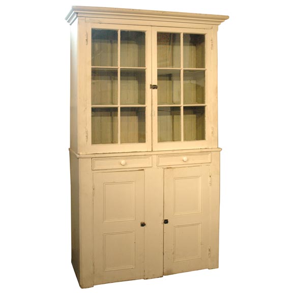 19THC ORIGINAL WHITE PAINTED STEPBACK CUPBOARD FROM NEW ENGLAND