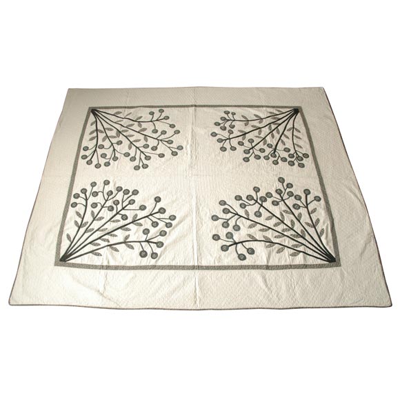 19THC BLACK&WHITE CALICO TREE OF LIFE(RARE) QUILT