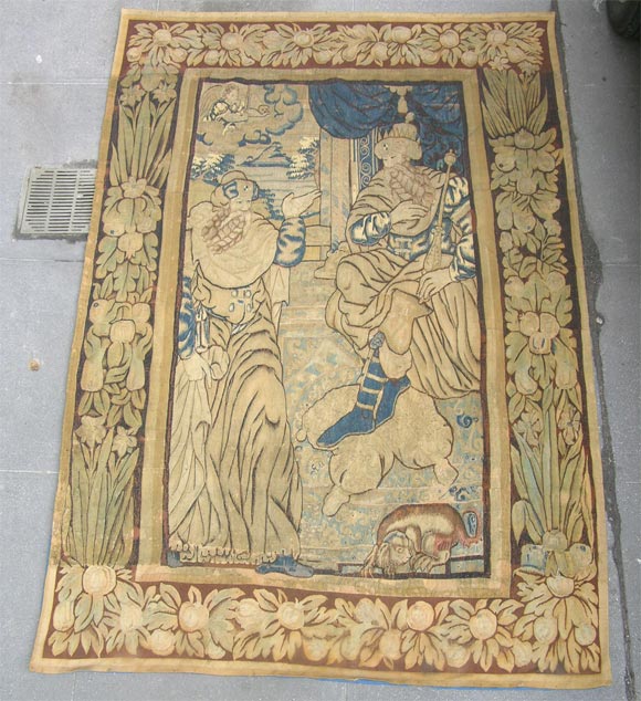 17th Century Flemish Biblical tapestry, depicting two kings with a floral border. Lovely muted blues, greens and golden hues.