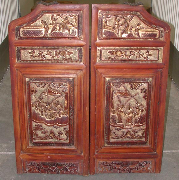 Late 19thC. Q'ing Dynasty Golden Painted and Carved Opium Bed Decorative Panel ( pair available, priced and sold separately)