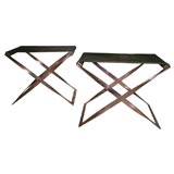 Pair of copper plated folding stools with cow hide slings