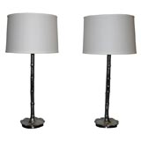 Vintage Pair of chromed bamboo table lamps with floral bases